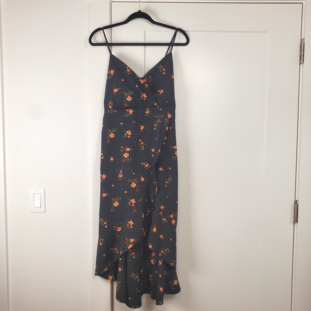 Black Floral Flutter High Low Wrap Dress Womens Small Padded Bust Flutter Tie